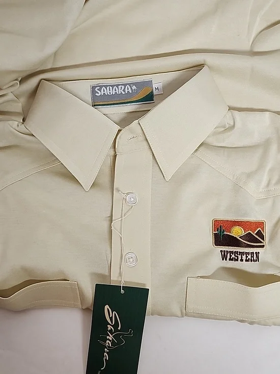 Sahara Cream Short-Sleeve Western Embroidered Polo Shirt w/pockets Sz M - Picture 9 of 10